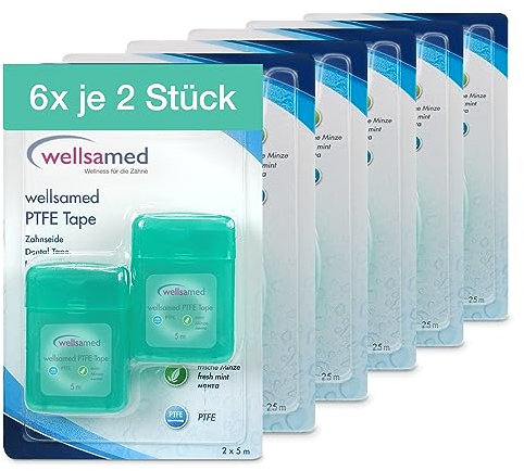 Wellsamed ungewachste Zahnseide aus PTFE in 2x5m Spender Minzgeschmack, für eine gründliche Zahnzwischenraumreinigung (6 Stück)