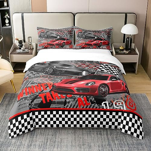 richhome 100% Natur Baumwolle Rot Sport Auto Bettbezug Set Rennwagen Extreme Sport Spiel Tröster Cover Set 135x200 mit 1 Kissenbezug Racing Thema Bettwäsche Set