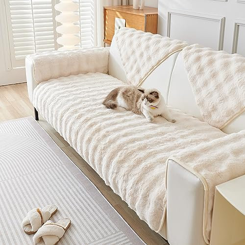 Rosnek Couch überwurf,Plüsch Superweich Sofaüberwurf rutschfest Sofabezug Sofaüberwurf Verdicktes Dekoration Für 2 3 Sitzer Sofa,2er 3er Sofa mit Armlehne,90x210 cm,Creme