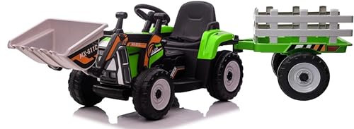 Trattore Elettrico per Bambini con Telecomando 2.4GHz Benna e Rimorchio Smontabili 7 Luci Frontali LED 2 Motori da 12V 35W Cintura di Sicurezza Ruote Resistenti