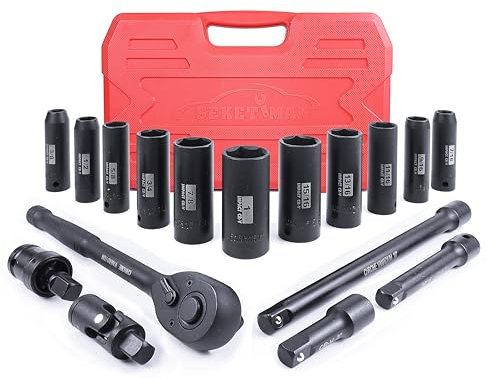 SEKETMAN 17PCS 1/2-Inch Drive Deep Impact Socket Set,SAE(3/8-1),6 Point,CR-V steel,Includes Extension Bar,Universal Joint and Ratchet Handle