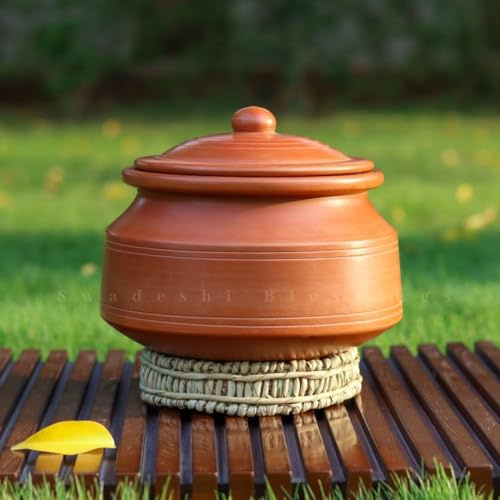 Swadeshi Blessings Unglasierter Tontopf zum Kochen mit Deckel / Ton Kochtopf / Erdtopf / ClayHandi / Earthen Kadai / Curry, Biryani Töpfe und gratis Asche zum Reinigen (5 Liter)