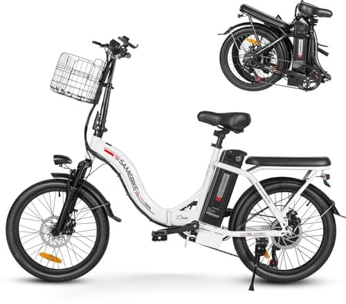SAMEBIKE Folding 20 Electric Bike with Removable 36V12AH Lithium Battery for Adults, Folding Electric Bicycle Commuter Ebike with 7 Speed Shifter Electric Bicycle Quick Delivery (White)