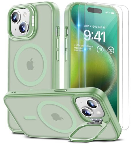 Beeasy für iPhone 15 Hülle, Kompatibel mit MagSafe, Ständer Handyhülle mit 2 Stück Schutzfolie, Magnetische Stoßfest Schutzhülle Case, Durchscheinend Matt Grün