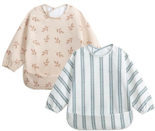 Little Dimsum 新品 Babero Impermeable de Manga Larga, 2PCS Baberos para Bebés, Baberos para Bebés Impermeables, Delantales Pintados para nifos para ninos de 6 a 3 anos, (Hojas)…