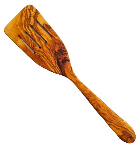 PALETA PARA COCINAR CON RANURAS DE MADERA DE OLIVO 31CM. Artesanos de proximidad. Hecho a mano. Larga duración.