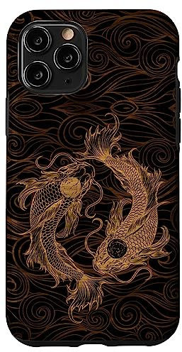 Yin Yang Koi Fisch und japanische Wellen Holz graviert Vintage Hülle für iPhone 11 Pro