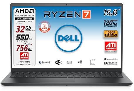 Notebook Dell Vostro 3525 CPU AMD Ryzen 7 8Core fino a 4,3 GHz, Display 15,6 FHD 120Hz, SSD Dual NVMe 756Gb, RAM 32Gb DDR4, Win 11 Pro, Usb Type-C, Wi-Fi, LAN, SD Card, Pronto all'Uso