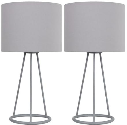 firstchoicelighting Set of 2 Modern Tripod Style Table Lights or Bedroom Bedside Lamps, Silver Base with Ring Detail, Grey Fabric Shade, Height 38 cm