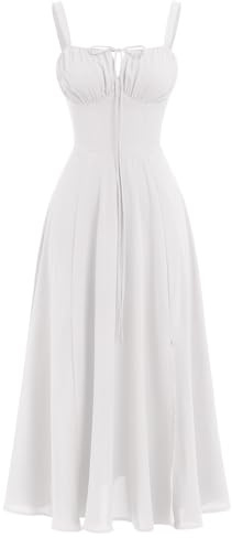 IBAKOM Femmes Robe d'été Spaghetti Bretelles Robe de Printemps Bohème Robe Avant Fourche Swing Midi Sun Jupe Fête Vacances Plage Robe Blanc M