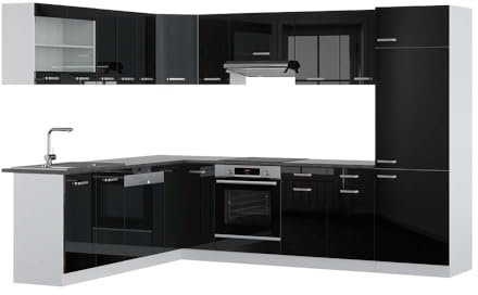 Vicco Eckküche R-Line, Schwarz Hochglanz/Weiß, 227 x 287 cm, AP Anthrazit