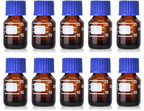 Kestun 10 Packs Reagent Media Storage Bottles, 25ml Borosilicate Glass Graduated Round Bottles with GL25 Blue Screw Cap for Lab Water Reagent Liquids (Amber, 25ML)