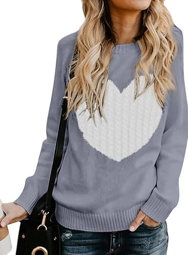 QIXING Women's Jumper Heart-Shaped Cable Knit Winter Sweater Round Neck Long Sleeve Valentine's Day Pullover for Mother Girlfriend (Blue Grey-White, M)