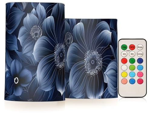 Amooorous Navy Blue Flower led candles with timer Electronic Candle Lights mystique timers flameless candles battery operated candles night battery pillar 2-Piecing Set