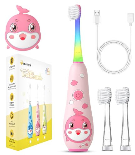 Teeteck Spazzolino elettrico per bambini - Spazzolino da denti sonico per bambini 1-6 anni con luce LED arcobaleno con 2 testine, cavo magnetico di ricarica USB, IPX7 impermeabile, SG2139 rosa