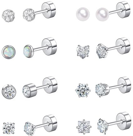 FANCH 8Pairs Flat Back Earrings Titanium Stud Earrings for Women Hypoallergenic Tiny Cubic Zirconia Pearl Ball Heart Opal Earrings 316L Stainless Steel Screwback Stud Earrings Silver