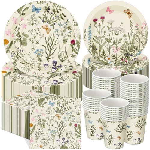 Ziliny Decoraciones de fiesta de flores silvestres, platos de papel, servilletas, tazas para 50
