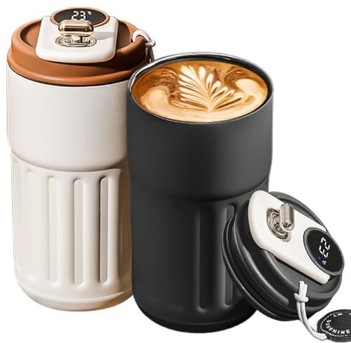 2 Stück 450ml Kaffeebecher to Go, Thermobecher Auslaufsicher mit Digitalanzeige, Kaffee Thermobecher mit Deckel, Edelstahl Coffee to Go Becher Thermo(Weiß+Schwarz)