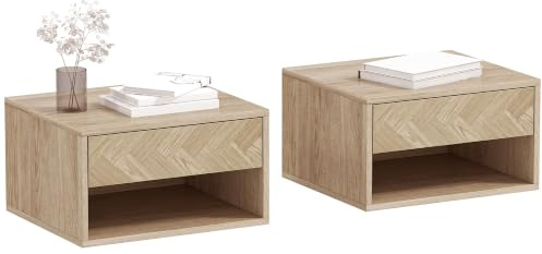 HOMCOM Juego de 2 Mesitas de Noche Flotantes con Cajón 37x32x21 cm Natural | Mesillas de Noche, Estante Abierto, para Dormitorio, Salón
