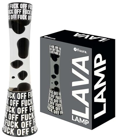 Fisura - Lavalampe f*ck off. Schwarzer Sockel mit Schriftzug, transparente Flüssigkeit und schwarze Lava. Entspannender Effekt. Mit Ersatzglühbirne. 11 cm x 11 cm x 39,5 cm.