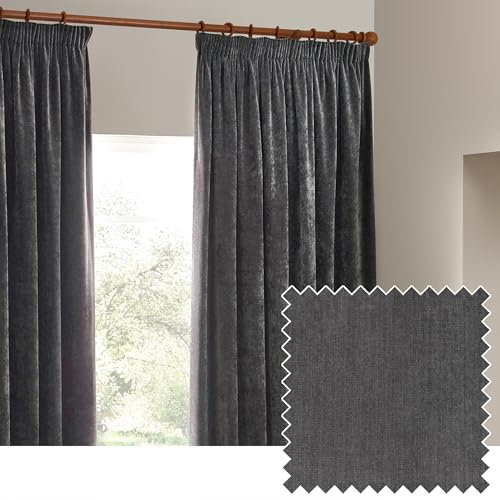 furn. Yard Heavy Chenille Pencil Pleat Curtain Pair – Lined Room Darkening Soft Velvet Curtains (Charcoal - Width 168 x Drop 183cm)