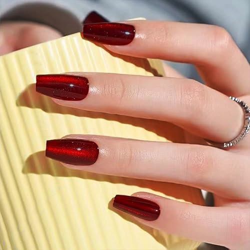 24pcs Rote Cat Eye Falsche Nägel, Trapezform, Französisch Künstliche Nägel Zum Aufkleben Reine Farbe Vollabdeckung FalscheNägel, Kunstnägel Natürliche für Frauen Maniküre Nail Art (Rot Trapez, 24x)