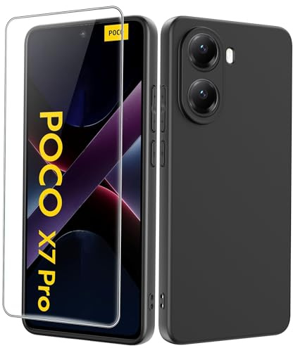Heioloo Funda para Xiaomi Poco X7 Pro Carcasa Delgada Mate TPU Suave Protectora Caso Antigolpes Anti-caída Cover + [1 Pieza] Cristal Templado Protector de Pantalla - Negro