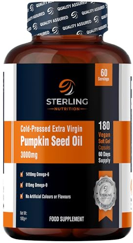 Pumpkin Seed Oil Capsules - Cold Pressed Extra Virgin, 180 Vegan Softgels (60 Days) | High Strength 3000mg with Omega 6 & 9 for Prostate, Urinary, Hair & Heart Support | STERLING NUTRITION