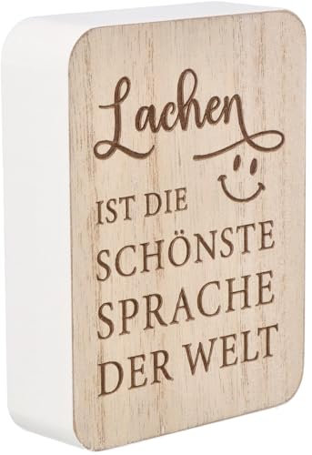 Spruchreif | Deko-Tafel Lachen ist die schönste Sprache der Welt | Holzschild mit Spruch | Tisch-Deko & Geschenkidee | 10 x 7,5 x 2,5 cm | Kleine Aufmunterung für Zuhause