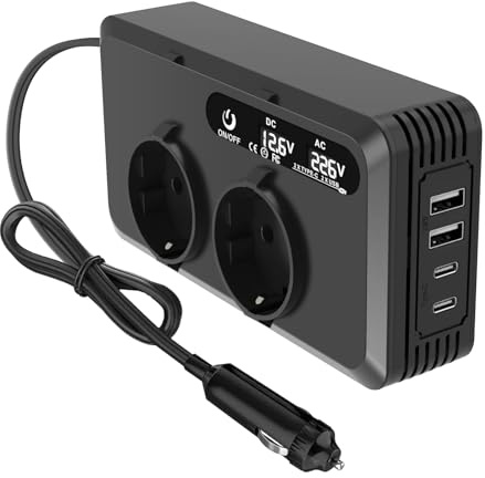 Inversor de voltaje para coche, 200 W, CC 12 V, adaptador para encendedor de cigarrillos, con 2 enchufes y 2 puertos USB + 2 puertos tipo C, carga rápida para coche, viajes, carga de teléfonos móviles
