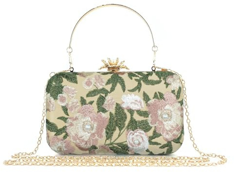 CRFASIBE Kvällsväska för Kvinnor, Blommig Broderad Koppling, Kedjekoppling, Modetillbehör Koppling Present till Kvinnor, Vintage Axelväska för Bröllopsfest Cocktail Bröllop, Guld, S