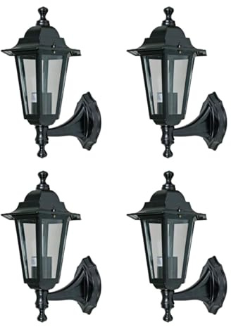 firstchoicelighting Set of 4 Modern Black Six Sided Lantern Design Outdoor Wall, Garden or Porch Lights, IP33 Rated, Compatible with LED Bulbs