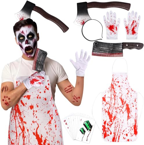 Saw Butcher Costume For Men,halloween butcher costume,Apron Mens Butchers Costume Ideas Male,Horror Bloody Apron,Gloves,Headbands,Chef Knife,Stickers for Halloween Costumes Party Prop