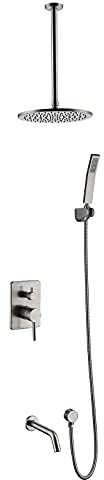 Système de douche, ensemble combiné de douche en laiton brossé monté au plafond, ensemble de mitigeur de douche encastré avec douchette à main et pomme de douche à effet pluie de 25 cm (contient le