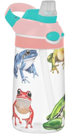 aidingzhi Chic Frog White Colorful Sports Water Bottle with Straw Lightweight Toddler Cup for Bike Running Sports Travel Gym