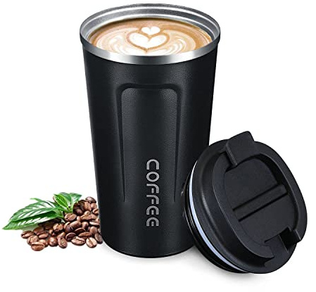 flintronic Tazza da Caffè Isolata, 380ML Tazza per Caffe da Viaggio, Bottiglia di Acciaio Inossidabile Thermos, Coffee Coppa Tazza Termica da Viaggio Ermetica per Mantenere Caldo/Freddo-380ML（Nero）