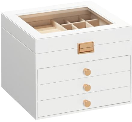 HOOBRO 4-stöckiger Schmuckkästen, Schmuckbox, Schmuckaufbewahrung, Samtfutter und Klappdeckel, 3 Schubladen und transparentes Acrylfenster, für Halsketten, Armbänder, Ringe und Uhren, Weiß EWT27JB04
