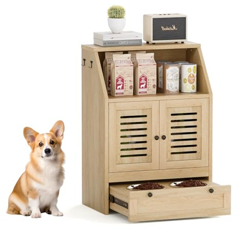 Yvsevnr Meuble de Rangement pour Animaux de Compagnie avec 2 Gamelles en Acier Inoxydable 2 en 1 Armoire d’Alimentation en Bois, Grande Capacité, Anti-basculement, Meuble pour Petit Milieu Chien