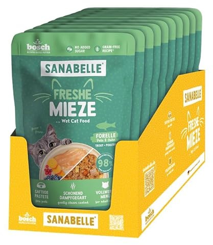 Sanabelle Freshe Mieze - Forelle, Pute und Huhn, 10 x 100 g Beutel voll recyclingfähig, Dampfgegartes Nassfutter für Katzen, Katzenfutter wie frisch gekocht, Eine Marke von Bosch Tiernahrung
