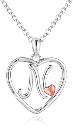 Mesovor Initial Heart Necklaces for Women, Sterling Silver Necklace with Rose Gold Heart | Personalized Jewelry Gifts for Mother Wife Daughter Sister (Letter-N)