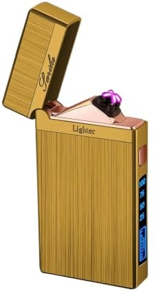 SKRFIRE Briquet coupe-vent rechargeable USB-C avec son d'ouverture clair, affichage de la batterie, lumière LED, corps en métal brossé pour feu d'artifice, camping, cadeau d'intérieur