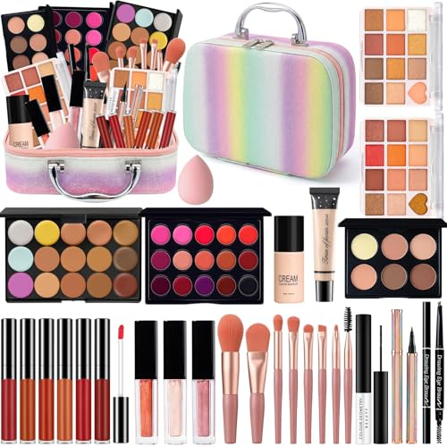 Set Trucchi con Trousse Trucchi, Kit Trucco Make Up Completo Professionale Cofanetto Regalo Donna Ragazza Trucchi con Paletta Ombretti Fondotinta Matite Ssopracciglia Matita Occhi Mascara Lucidalabbra