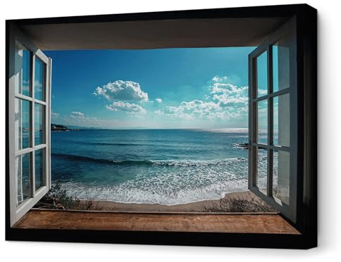 Panorama Cuadros Decoración Salón Modernos - Ventana Playa 120x80 cm - Bastidor de Madera - Lienzos Decorativos para colgar en Pared - Regalos Originales para Dormitorios, Cocina, Habitación