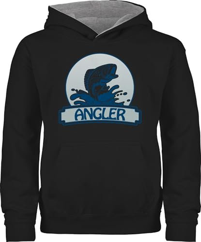 Pullover Kinder Hoodie Jungen Mädchen - Sport Kleidung - Angler Button - 152 (12/13 Jahre) - Schwarz/Grau meliert - angelbekleidung kinderpullover fisch polower hoody hoddies/pullies kapuzenpulli