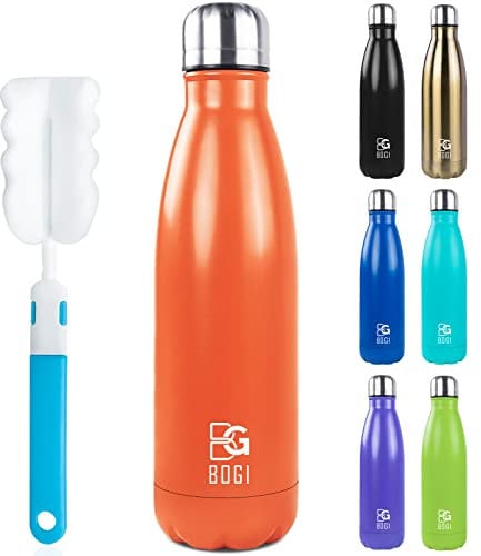 BOGI Insulated Water Bottles,500ml Metal Water Bottle,Leakproof Stainless Steel Water Bottle Keep Hot and Cold Water Bottle Bike Gym Sports Water Bottle for Girls Kids with Cleaning Brush(Orange)