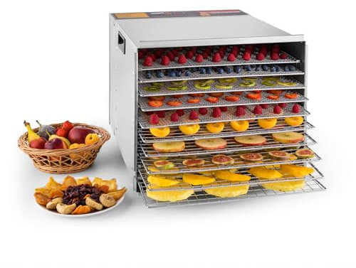 Klarstein Fruit Jerky Pro 10 - Déshydrateur alimentaire, Puissance 1000W, 10 larges étages, Surfache de séchage env.1,5m², Production naturelle, Châssis en métal stable, Écran LCD, Argent