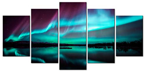 decomonkey - Impression sur Toile Intissé Aurore Boreale 100x50 5 Pièces - Tableau Décoration Appartement Cadre en Bois Photo Déco Salon Peinture sur Toile Maison Lac nature ciel nuit paysage eau