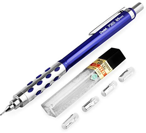 Pentel Porte-mine automatique P365 - 0,5 mm - Corps bleu - Porte-mine unique + 12 mines HB Super + 4 recharges gomme
