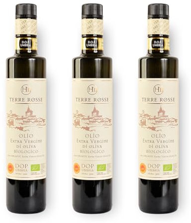 Terre Rosse - Olio Extravergine di Oliva Biologico Spremuto a Freddo - Monocultivar Moraiolo - Certificazioni DOP Umbria Colli Assisi Spoleto e Kosher/P - Campagna Olearia 2024-3 Bottiglie 500 ml