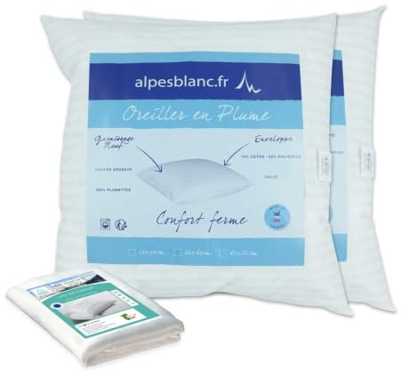 Alpes Blanc 4-teiliges Set mit 2 natürlichen Federkissen + 2 Kissenbezüge aus Baumwolle
